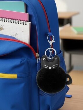 3/$9 New! Black Kitty Cat Pom-Pom Charm Key Chain With Silver Hardware